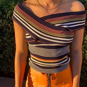 Zara striped, off the shoulder, short-sleeved sweater top.